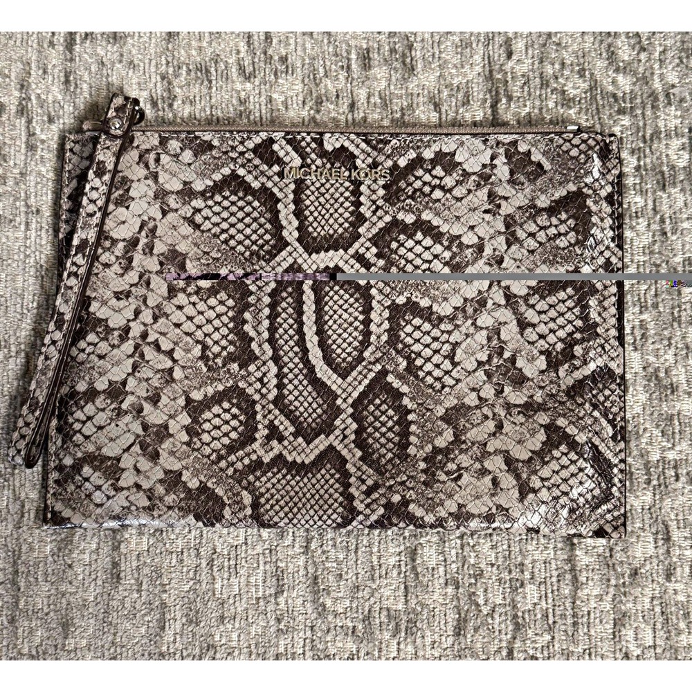Michael Kors Gray/Black Snake Print Zip Wristlet Clutch Silver Hardware